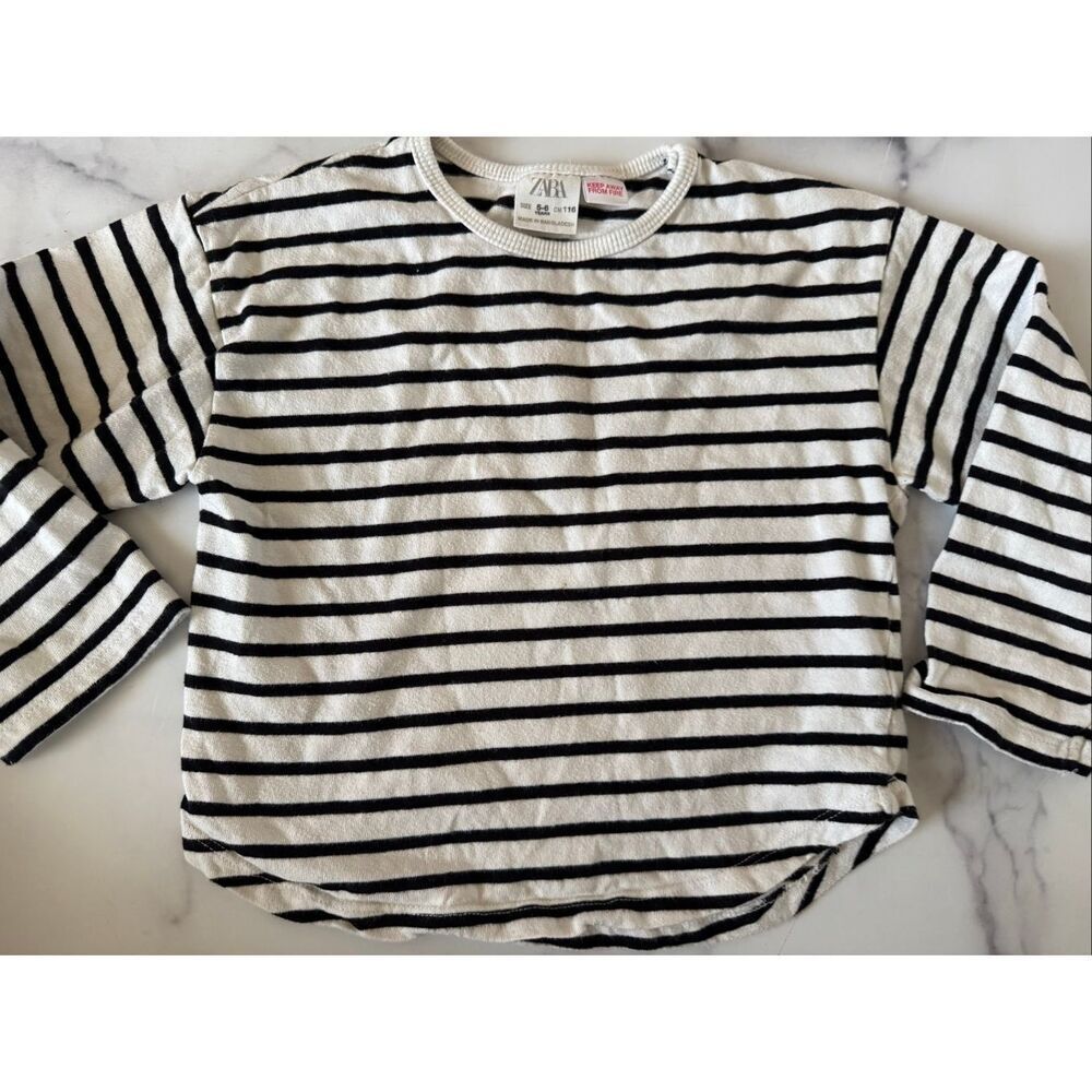 Zara 5-6 year black white stripes relaxed shirt girls long sleeve French style